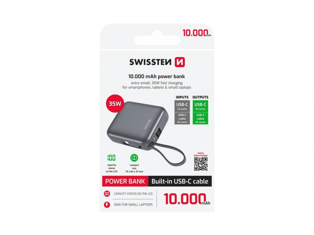 Swissten Space Power Bank 10000mAh 35W – LCD Display, USB-C + Built-in USB-C Cable, Silver – view 4