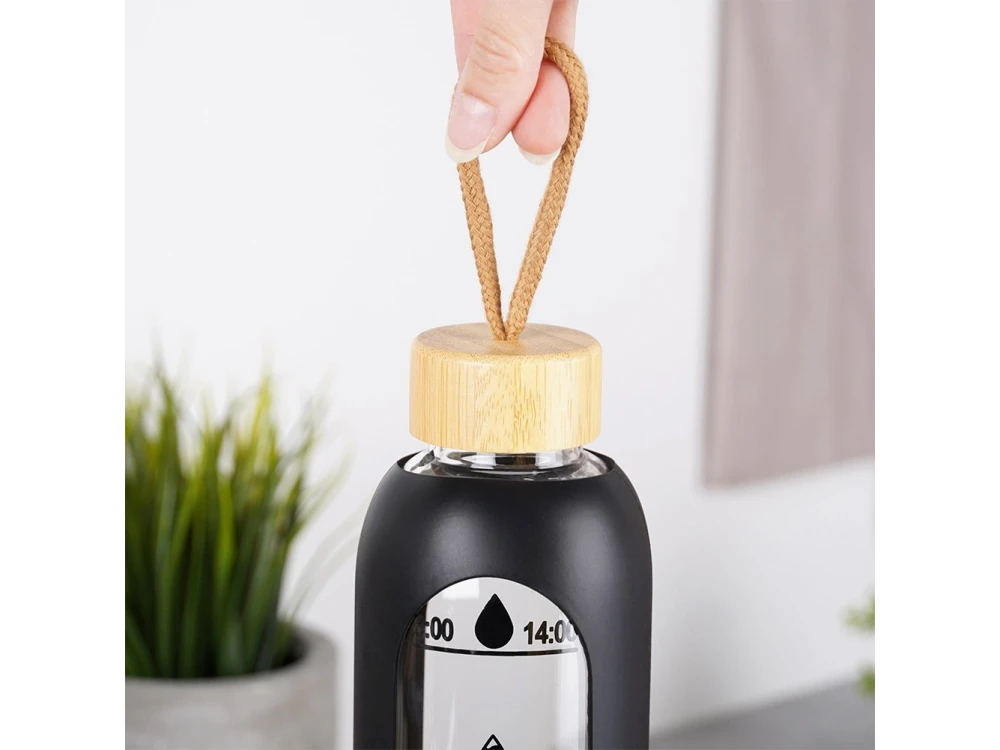 Vilde Glass Water Bottle 1L with Time Markings, Airtight Bamboo Lid & Silicone Sleeve – Black – view 4
