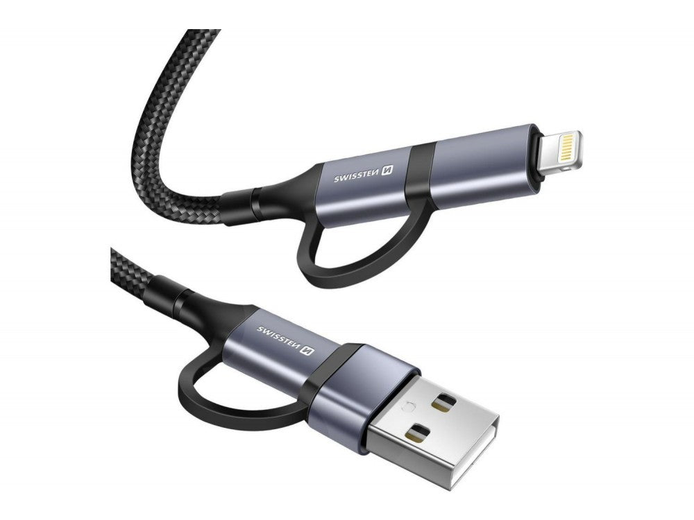 Swissten Textile 4-in-1 Cable 1.5m – 2× USB-C + USB-A + Lightning, Nylon Braided, Black – view 4