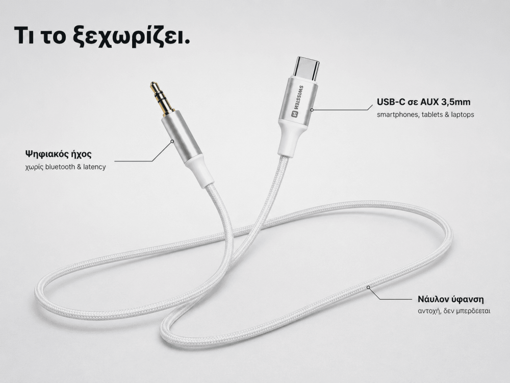 Swissten Textile USB-C to 3.5mm AUX Audio Cable 1.5m – Nylon Braided, White – view 4