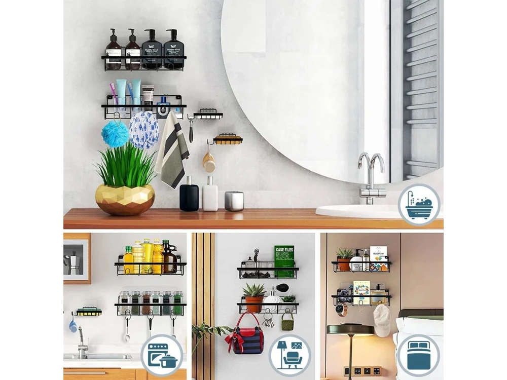 Vilde 4-Pack Shower Caddy Adhesive Wall-Mounted Metal Bathroom Organizer – Black – view 4