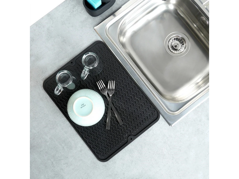 Vilde Silicone Dish Drying Mat 40x30cm – Roll-Up, Drainage Grooves, Black – view 4