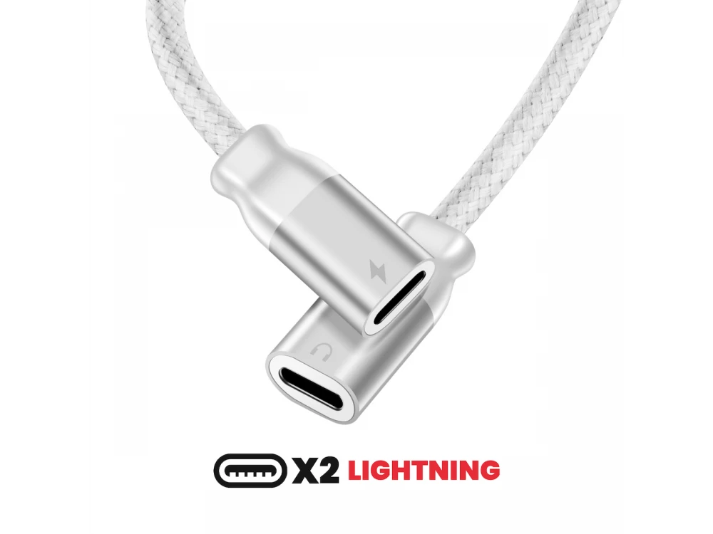 Swissten Textile Lightning Splitter – Lightning Male to 2× Lightning Female Audio + Charging, 12cm, White – view 4