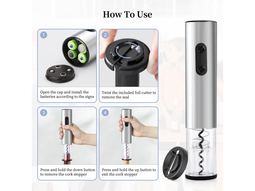 AJ Electric Wine Opener – Automatic Corkscrew, LED, Foil Cutter, Silver – view 4