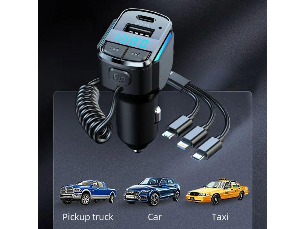 AJ Car FM Transmitter Bluetooth Handsfree & QC3.0 Charger – 3-in-1 Cable, LED Display, USB – view 5