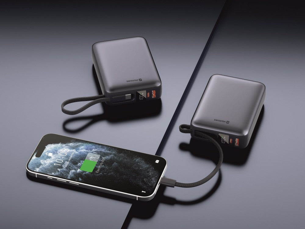 Swissten Space Power Bank 20000mAh 45W with USB-A, USB-C + Built-in USB-C Cable – Black – view 5