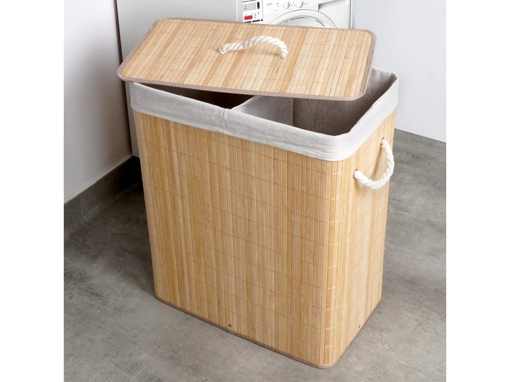 Vilde Bamboo Laundry Basket 90L 50×30.5×60.5cm – 2-Compartment with Lid, Beige – view 5
