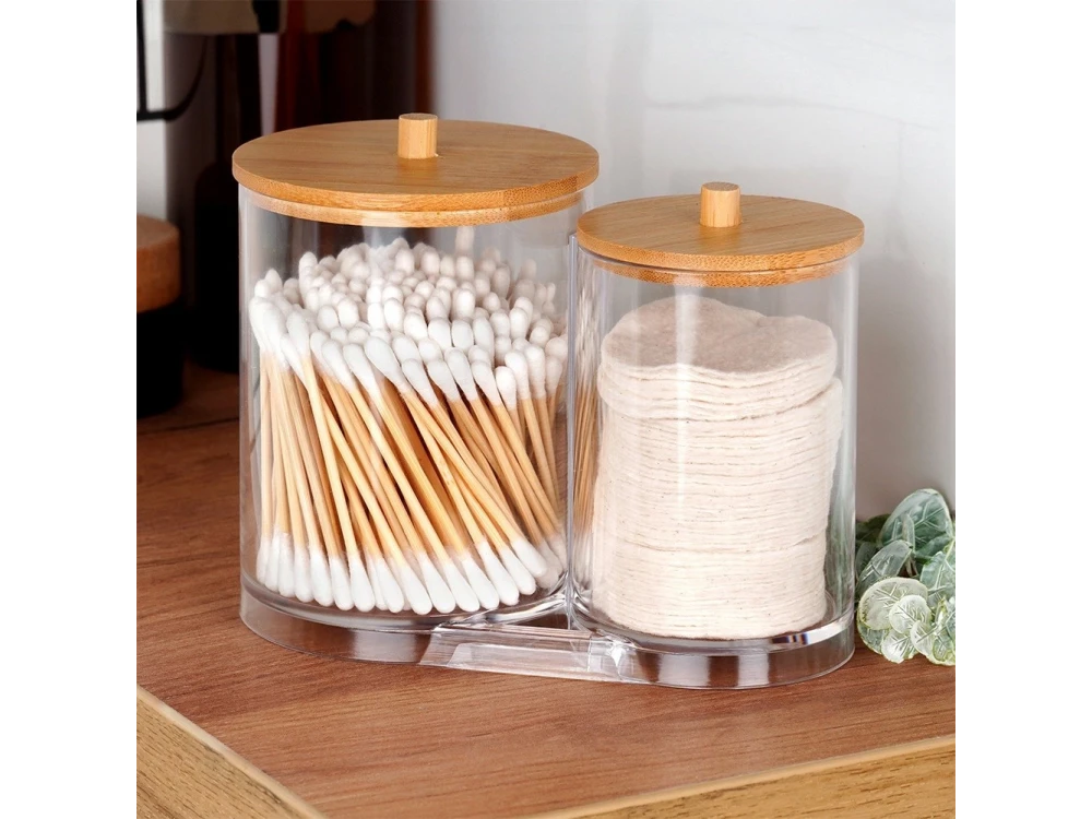Vilde Double Cotton Swab & Pad Container with Bamboo Lids – 15×9×12.5 cm Acrylic Set – view 5