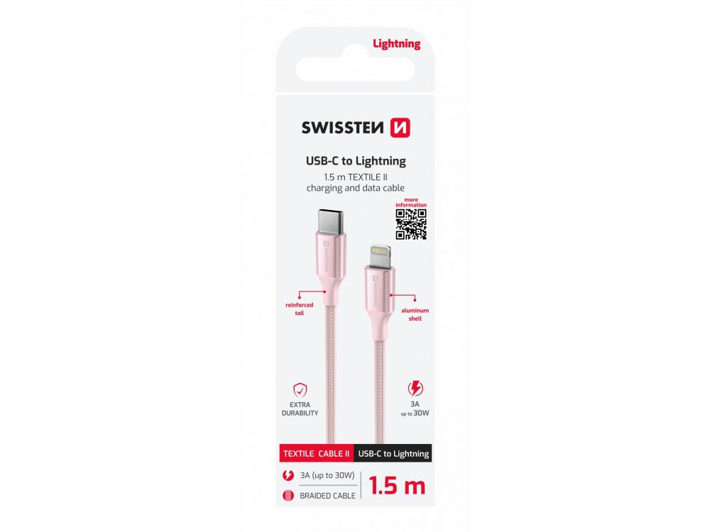 Swissten Durable Textile II USB-C to Lightning Cable 1.5m 30W – Nylon Braided, Pink – view 5