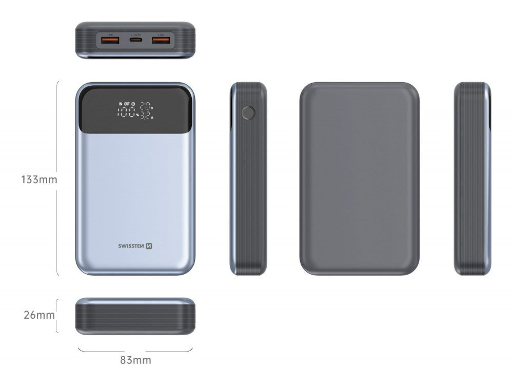 Swissten Laptop Power Bank 20000mAh 100W – USB-C PD + 2× USB-A QC 3.0, Grey – view 5