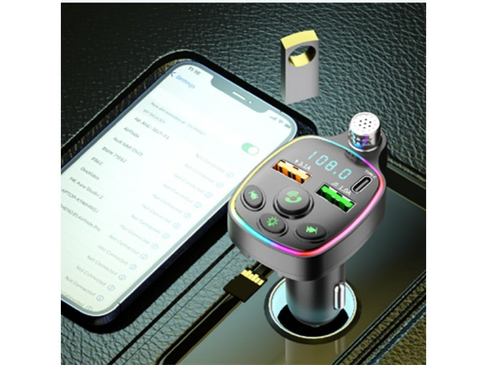 AJ FM Transmitter Bluetooth Handsfree Car Charger PD 20W – LED Display, RGB, 2 USB – view 5