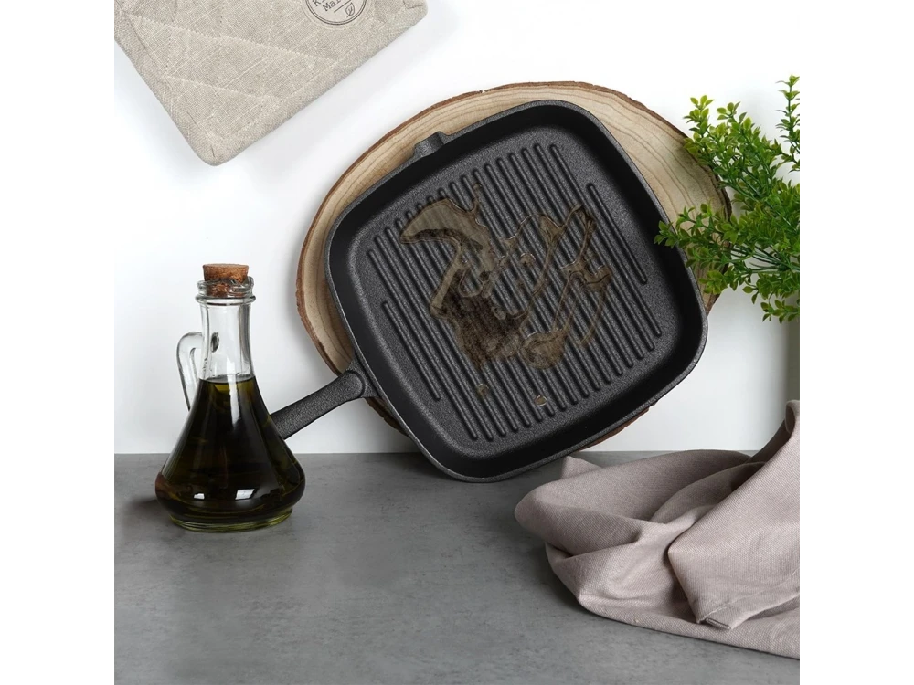 Vilde Premium Cast Iron Grill Pan 24 cm – Ridged Square Pan, Silicone Handle Grip – view 5