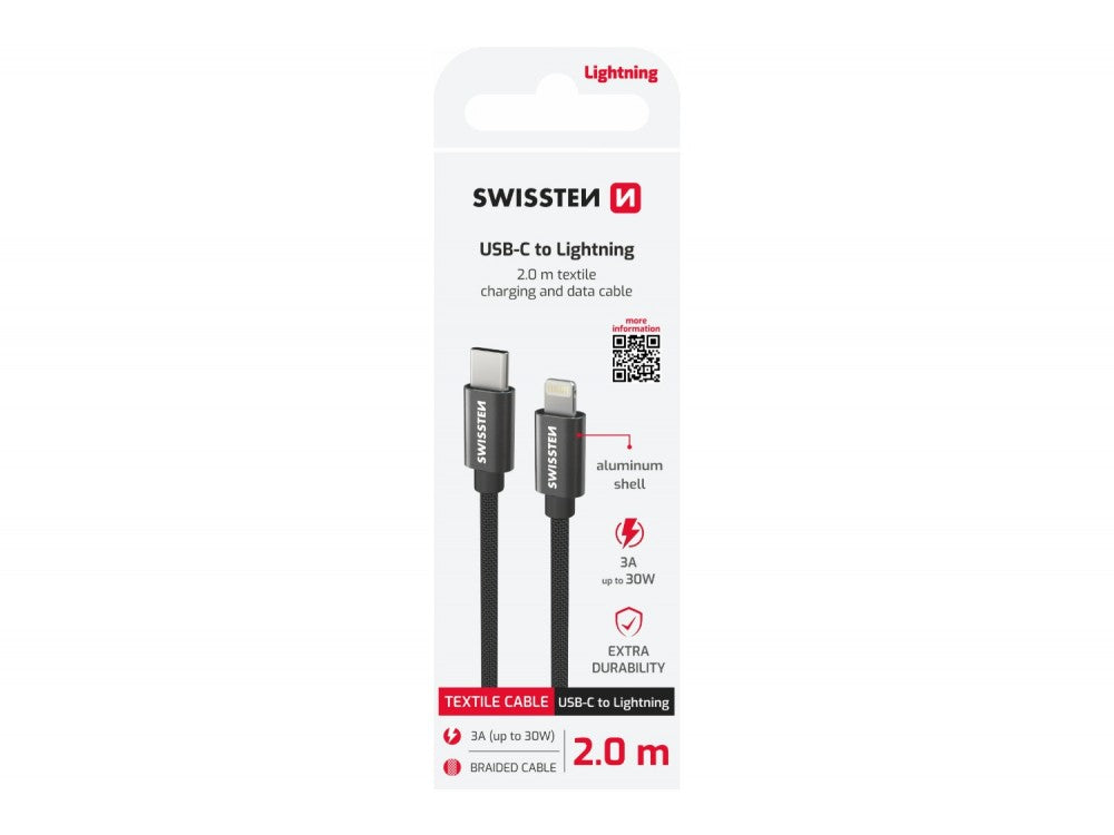 Swissten Textile USB-C to Lightning Cable 2m – Nylon Braided, 3A, 480 Mb/s, Black – view 5