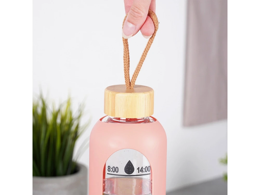 Vilde Glass Water Bottle 1L with Time Markings, Airtight Bamboo Lid & Silicone Sleeve – Pink – view 5