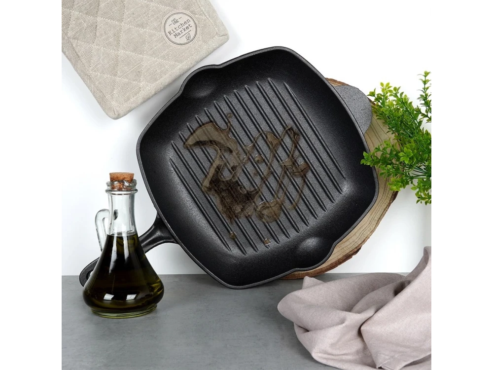 Vilde Premium Cast Iron Grill Pan 28 cm – Ridged Square Pan, Silicone Handle Grip – view 5