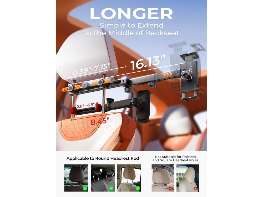 Lisen 2E547 Tablet & Phone Car Headrest Holder – 360° Rotation, Extendable Arm, Black – view 5