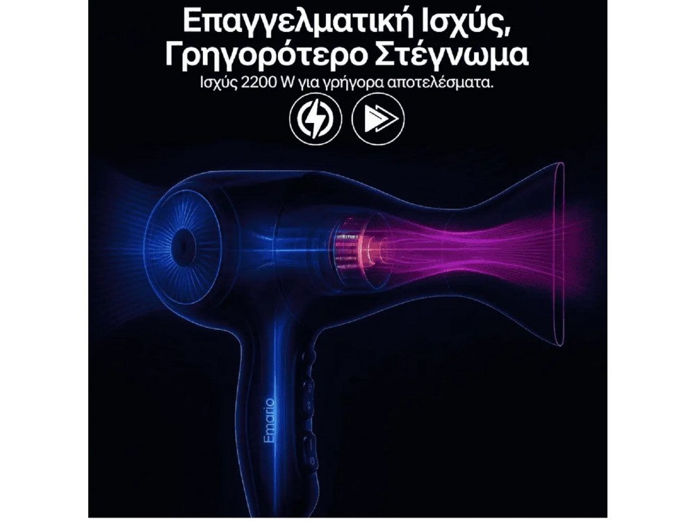 Emerio Hair Dryer 2200W AC – Ionic, 3 Heat / 2 Speed, Cool Shot, Concentrator + Diffuser – view 5