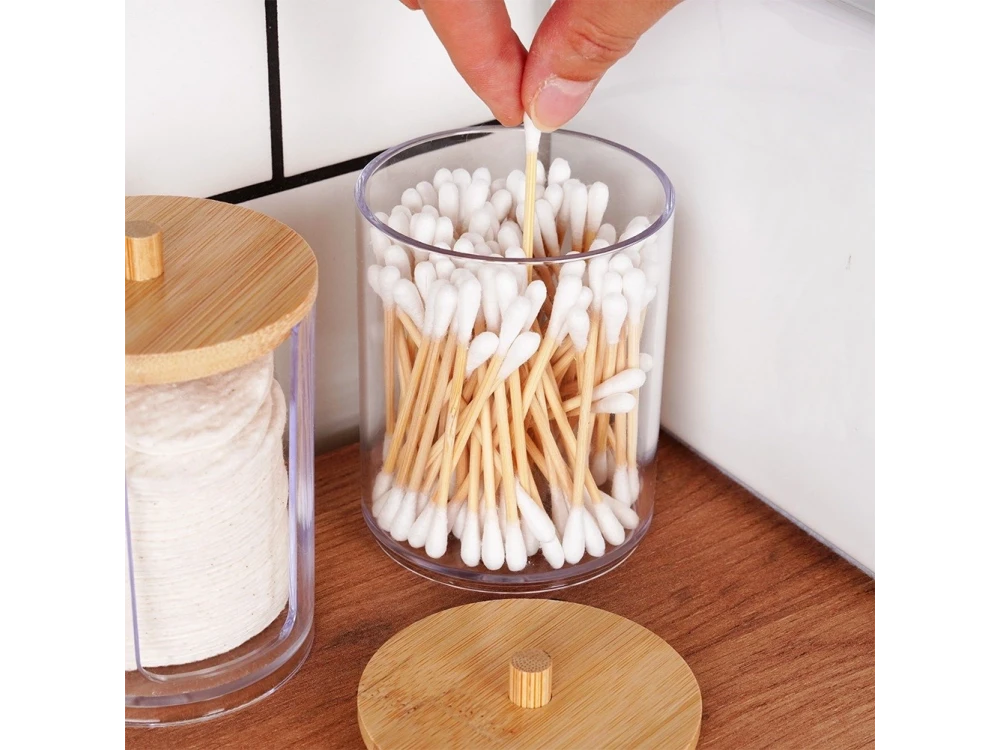 Vilde Cotton Swab & Cotton Pad Holder with Bamboo Lid – Clear Acrylic Bathroom Organizer – view 5