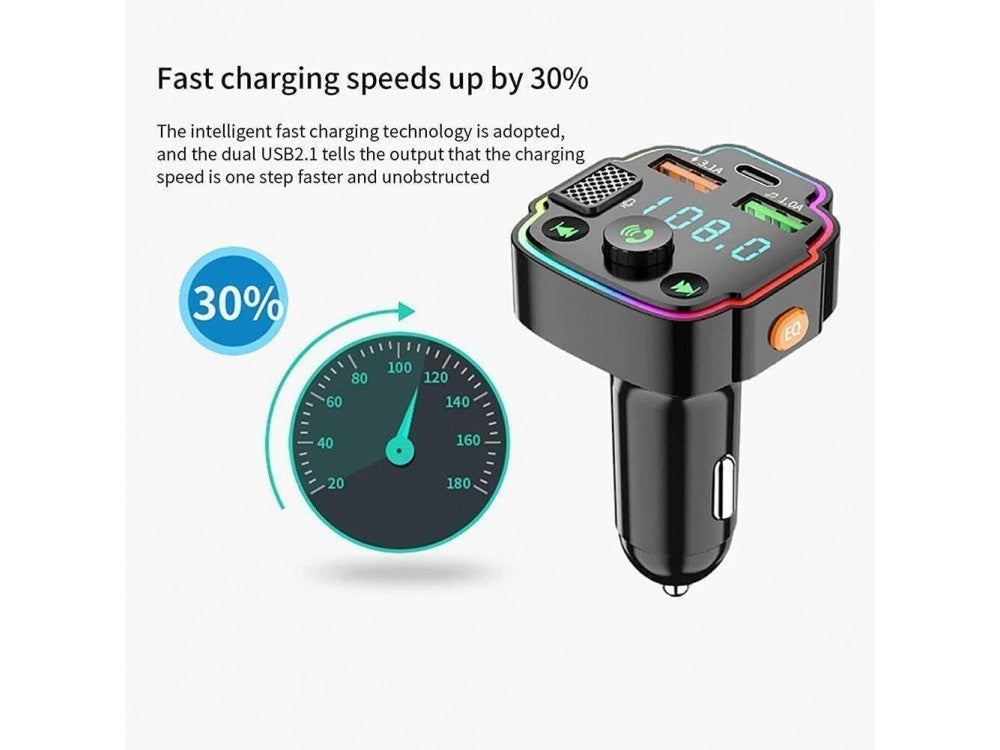 AJ FM Transmitter Bluetooth Handsfree Car Charger PD 20W – LED Display, RGB, 2 USB – view 5
