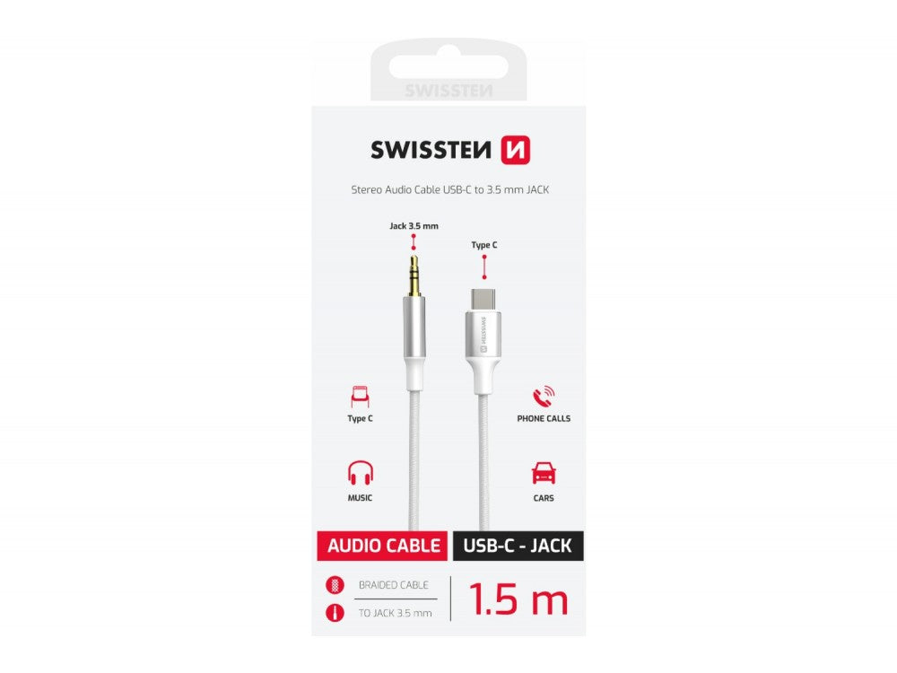 Swissten Textile USB-C to 3.5mm AUX Audio Cable 1.5m – Nylon Braided, White – view 5