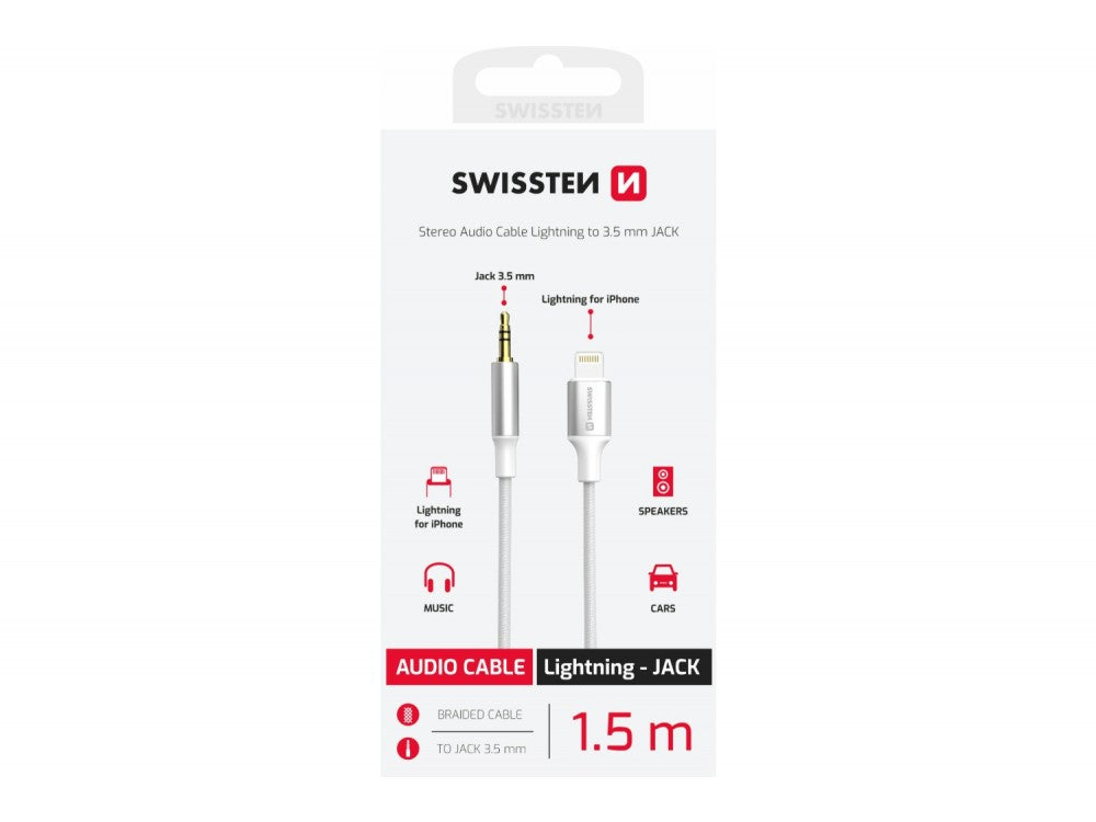 Swissten Textile Lightning to 3.5mm AUX Cable 1.5m – Nylon Braided, MFi, White – view 5
