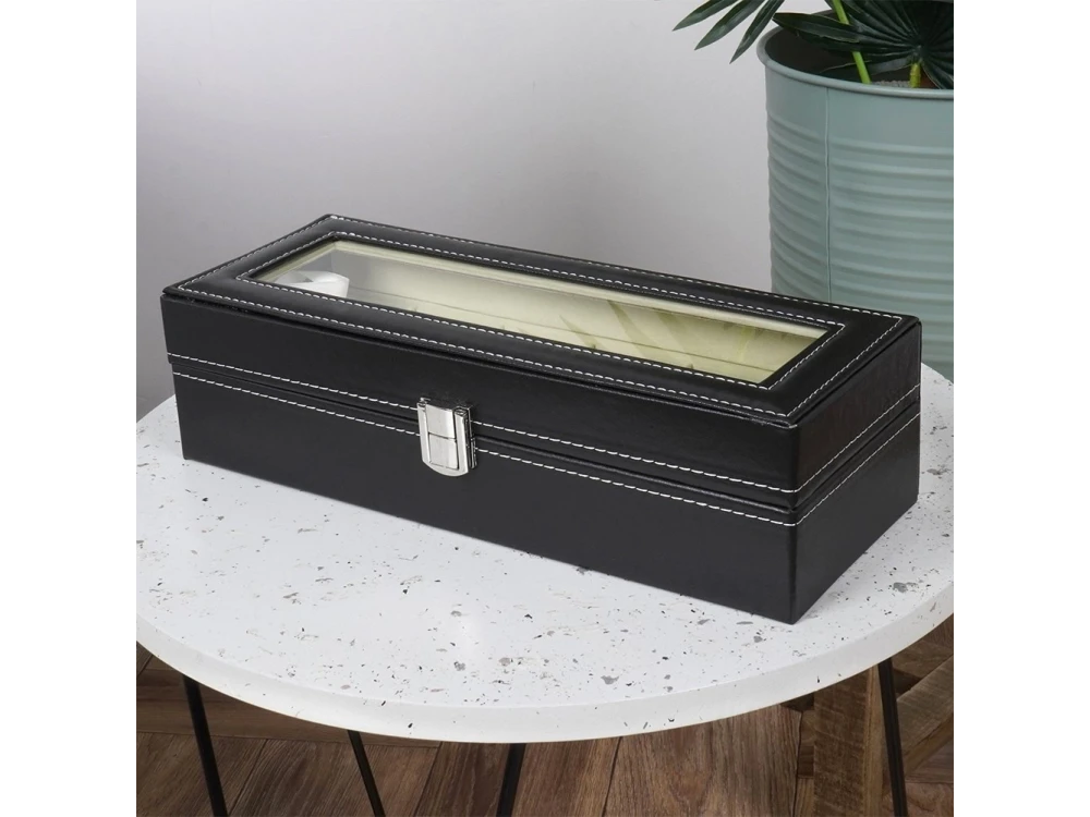 Vilde Vegan Leather Watch Box 6 Slots with Clear Lid – Black – view 5