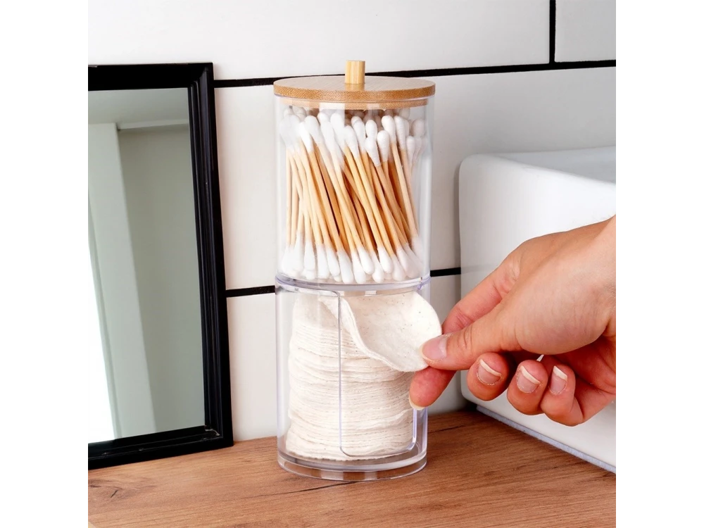 Vilde 2-Tier Cotton Swab & Pad Container with Bamboo Lid – Stackable Acrylic Organizer – view 5