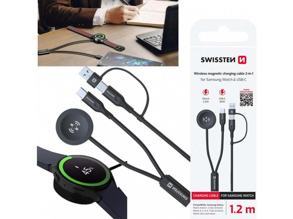 Swissten 2-in-1 Magnetic Charging Cable – Galaxy Watch + USB-C 60W with USB-A Adapter, 1.2m – view 5