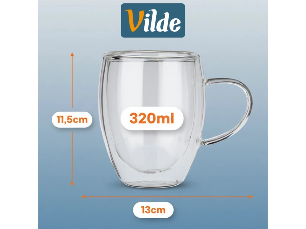 Vilde Premium Double-Walled Borosilicate Glass Cappuccino / Latte Macchiato Cups Set of 2 × 320ml with Handle – view 5