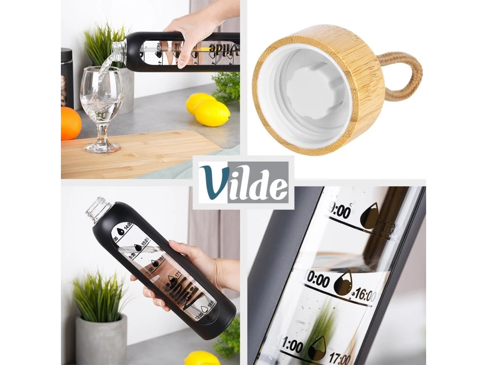 Vilde Glass Water Bottle 1L with Time Markings, Airtight Bamboo Lid & Silicone Sleeve – Black – view 5