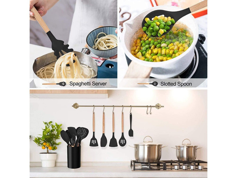 AJ 14-Piece Silicone Kitchen Utensil Set with Stainless Steel Handles, Black – view 5