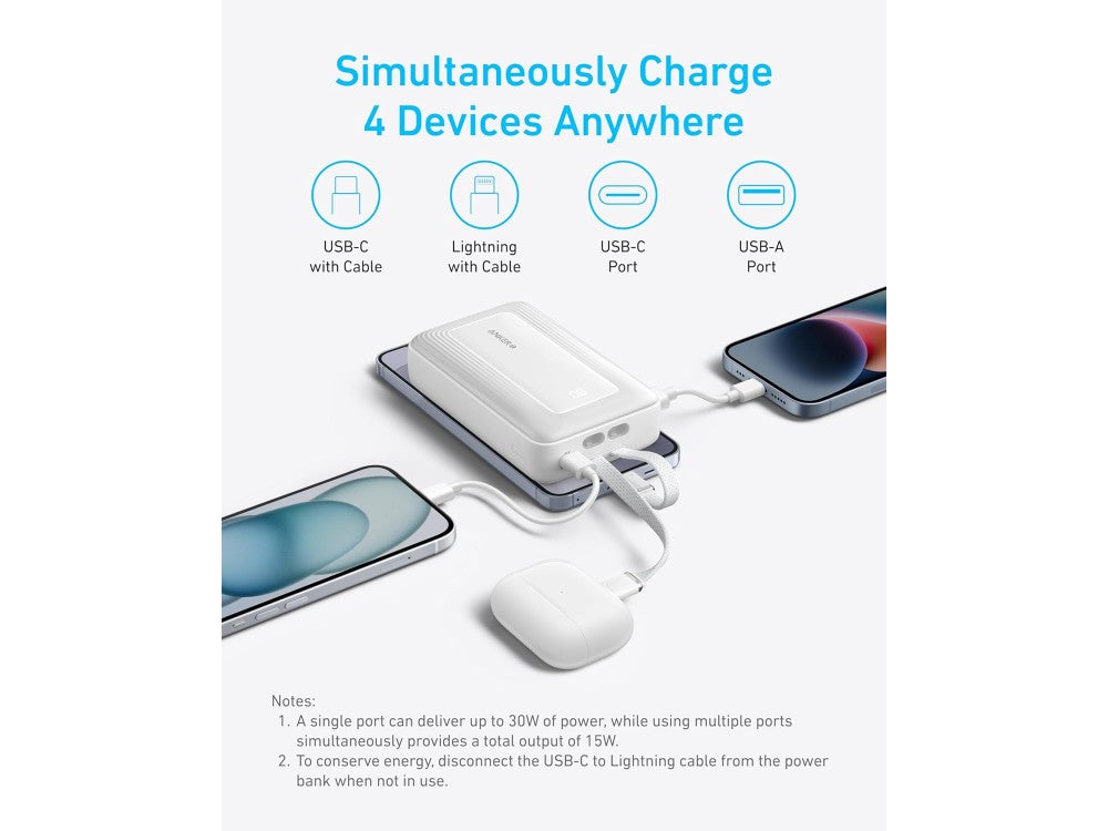 Anker Zolo Power Bank 20,000mAh 30W – 2 Built-in Cables (USB-C + Lightning MFi), USB-A & USB-C, White – view 5