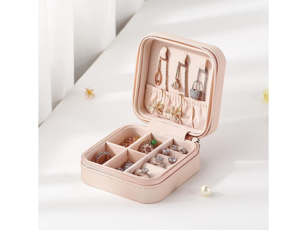 AJ Portable Jewellery Box Case 10x10x5cm – PU Leather, Pink – view 6