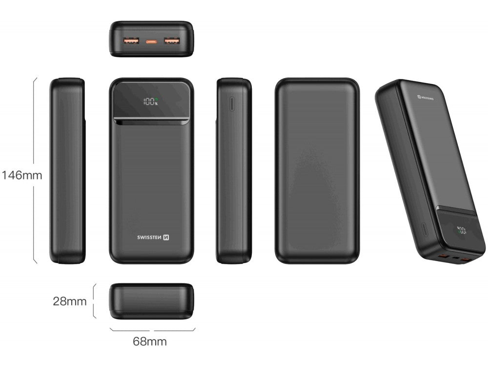 Swissten Power Line II 20000mAh 22.5W PD Power Bank – 3 Ports, LED Display, Black – view 6
