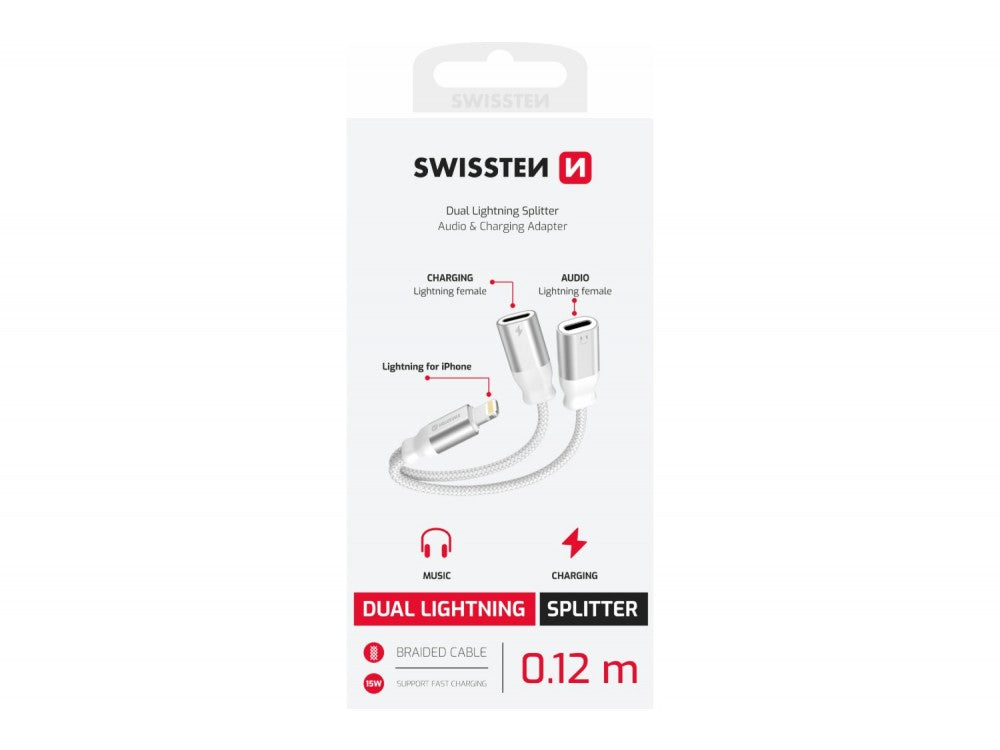 Swissten Textile Lightning Splitter – Lightning Male to 2× Lightning Female Audio + Charging, 12cm, White – view 6