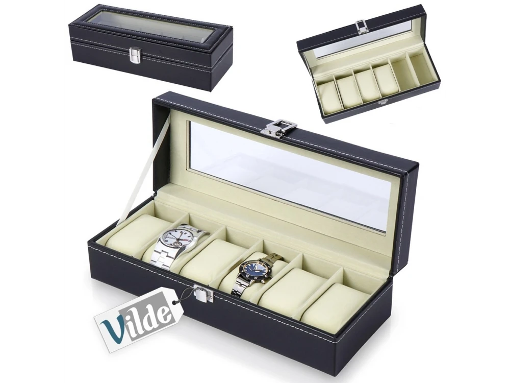 Vilde Vegan Leather Watch Box 6 Slots with Clear Lid – Black – view 6