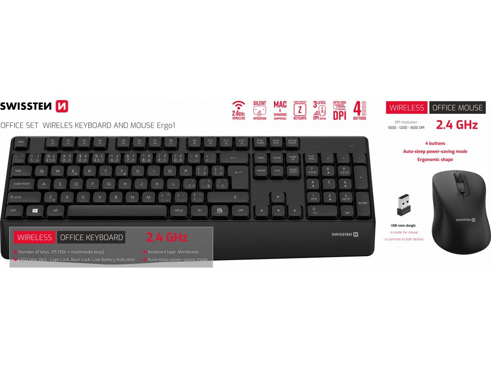 Swissten Wireless Office Set – Keyboard + Mouse, Single Nano USB Receiver, Czech Layout – view 6