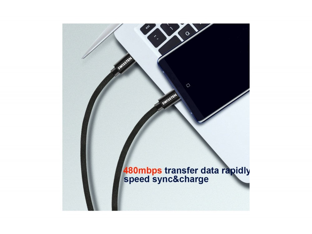 Swissten Textile USB-C to USB-C Cable 20cm – 60W, Nylon Braided, Aluminium Connectors, Silver – view 6