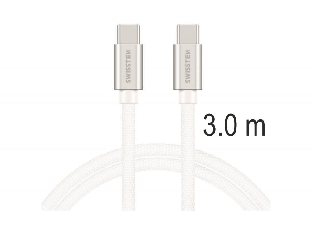 Swissten Textile USB-C to USB-C Cable 3m – 60W, Nylon Braided, Aluminium Connectors, Silver – view 6