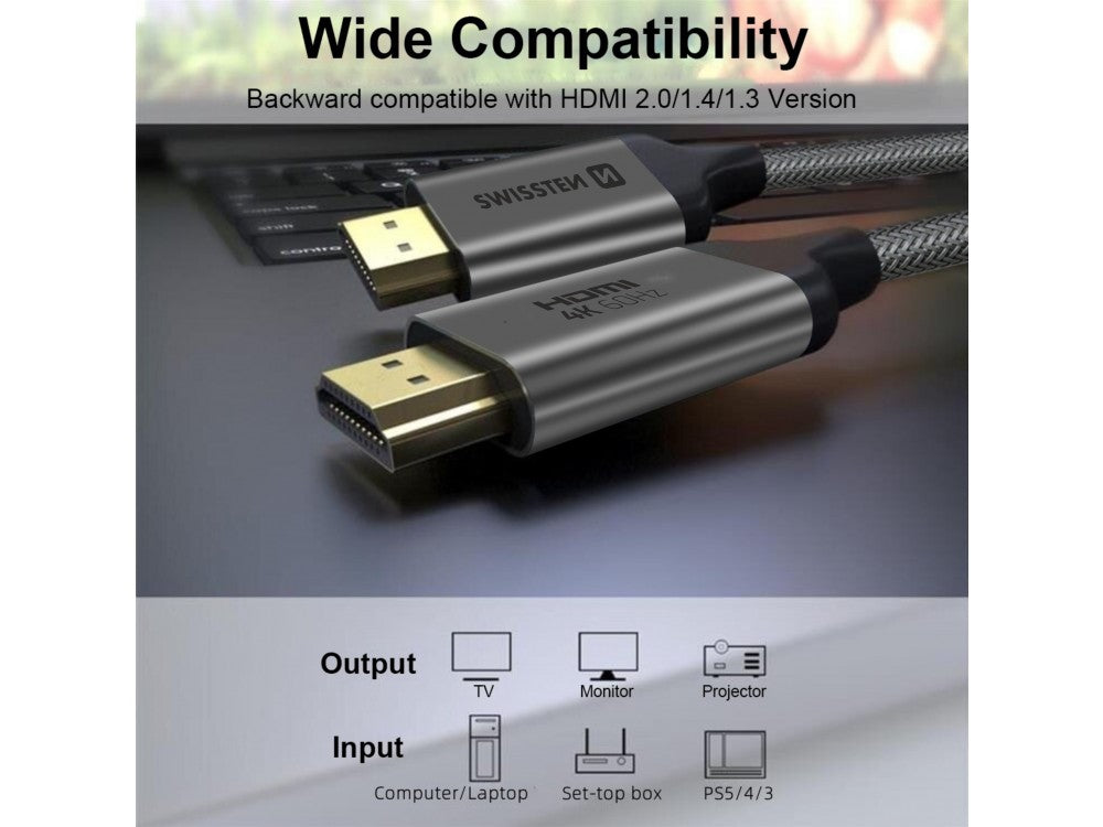 Swissten HDMI 2.0 Cable 3m – 4K@60Hz, HDR, VRR, 18Gbps, Gold Plated Nylon Braided – view 6