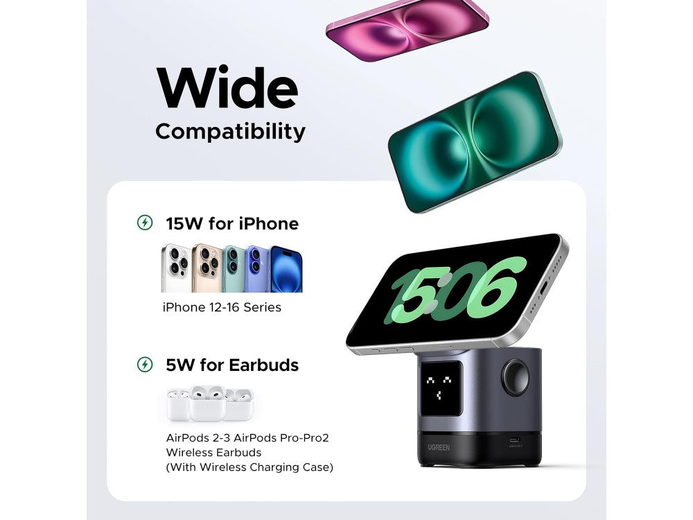 Ugreen Uno Qi2 MagSafe Wireless Charger Stand 15W – iPhone & AirPods, Robot Display, Black – view 6