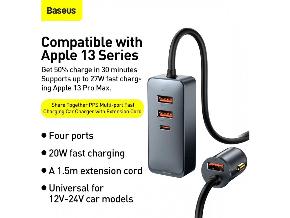 Baseus 120W Car Charger 3× USB-A + 1× USB-C with 1.5m Cable, Grey – view 6