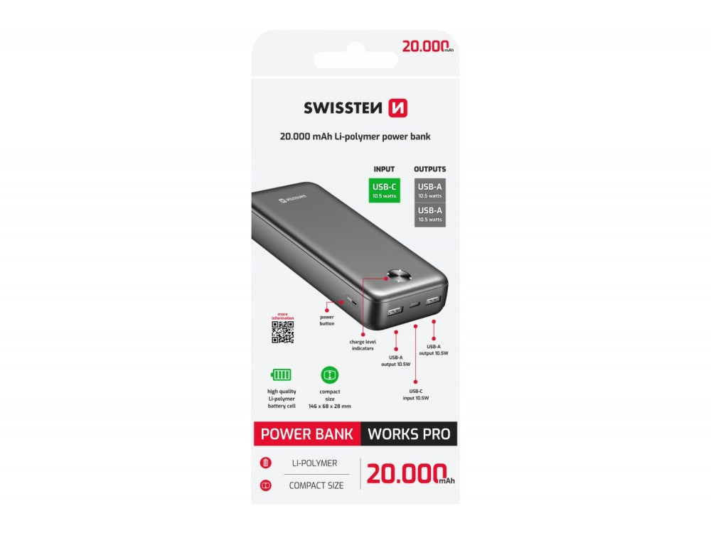 Swissten WORX Pro 20000mAh USB-C Power Bank – 2 USB-A, LED Status, Black – view 6
