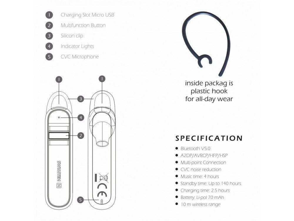 Swissten Caller Lightweight Bluetooth Headset – In-Ear Handsfree with CVC, Dual Pairing, Black – view 6