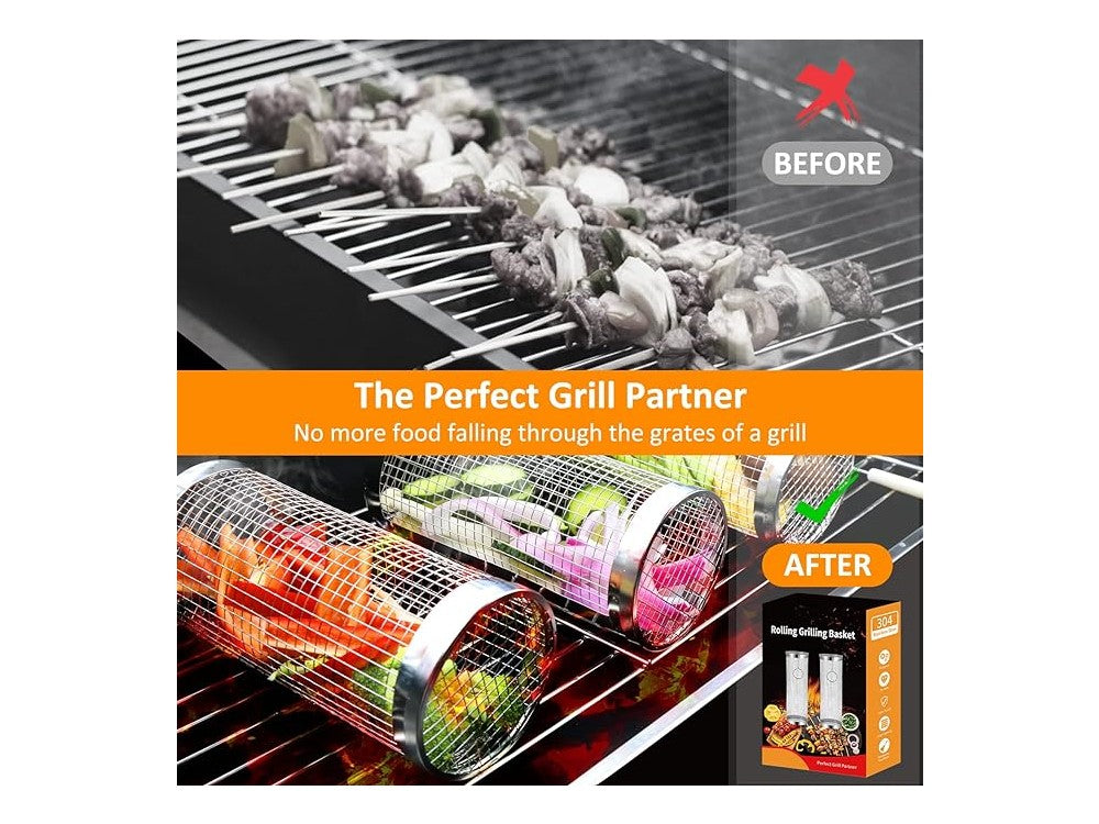 AJ 2-Pack BBQ Rolling Grilling Baskets – Stainless Steel 304, Cylindrical – view 6