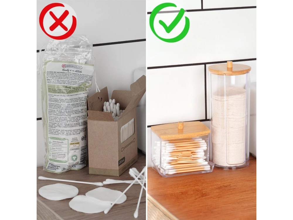 Vilde Cotton Swab Dispenser with Bamboo Lid – Compact 9×7×9 cm Acrylic Holder – view 6