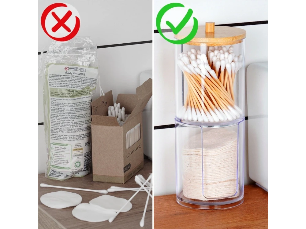 Vilde 2-Tier Cotton Swab & Pad Container with Bamboo Lid – Stackable Acrylic Organizer – view 6