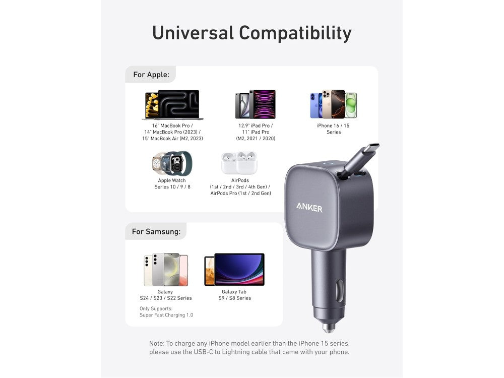 Anker Nano Car Charger 75W – Retractable USB-C Cable + USB-C Port, Grey – view 6