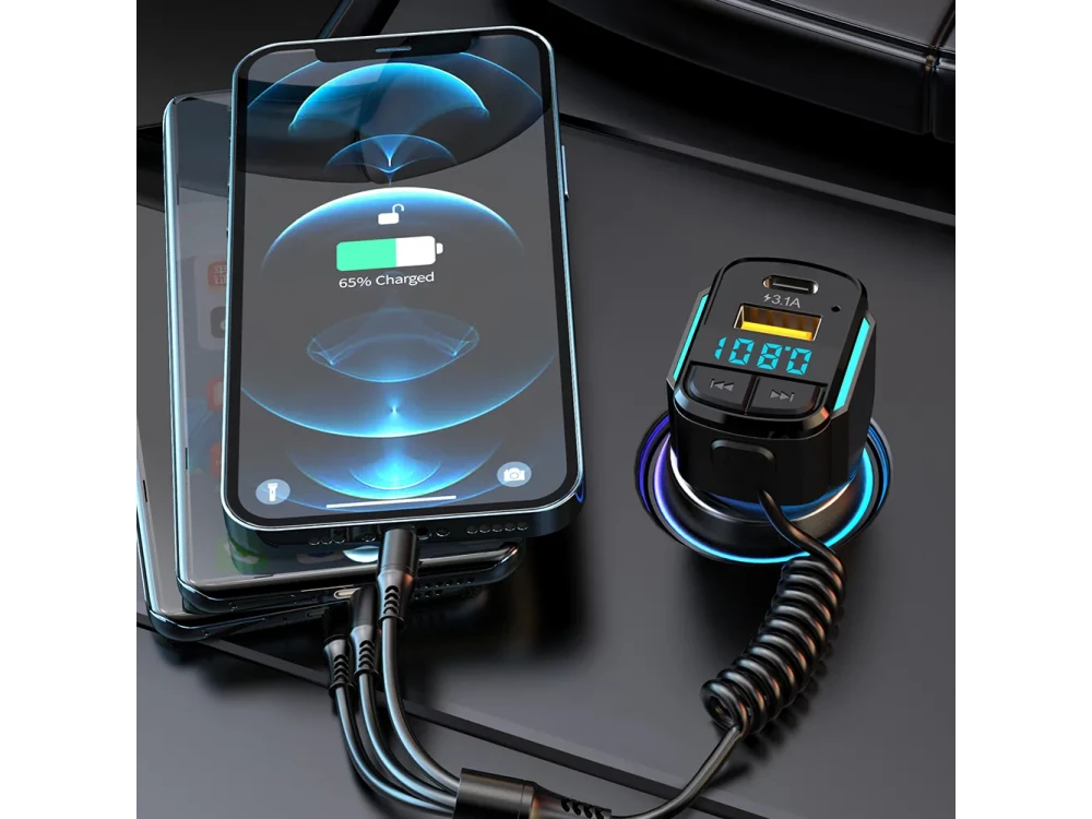AJ Car FM Transmitter Bluetooth Handsfree & QC3.0 Charger – 3-in-1 Cable, LED Display, USB – view 6