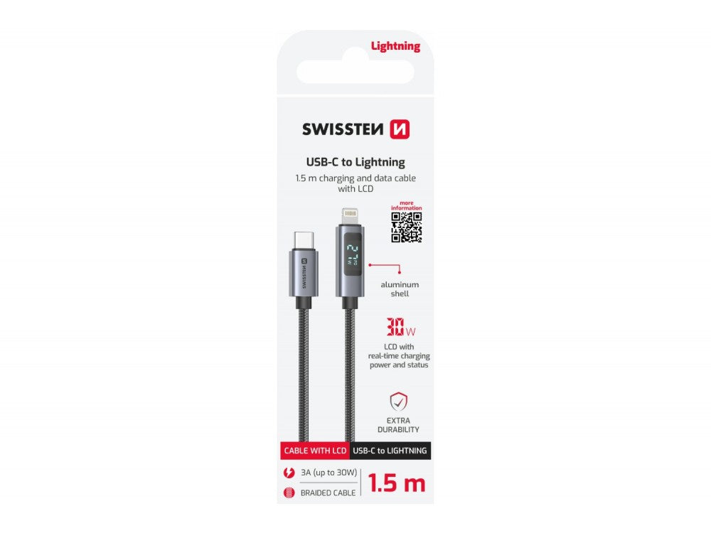 Swissten USB-C to Lightning Cable 1.5m 30W with LCD Display – Nylon Braided, Black – view 6